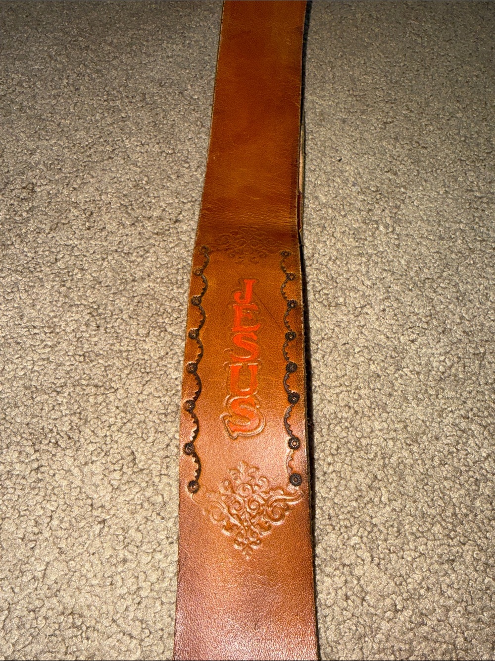 Leather Jesus Embossed Tan guitar strap
